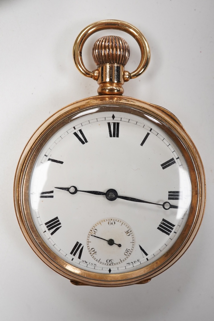 Two Waltham base metal keyless pocket watches including a dress pocket watch with Arabic dial and subsidiary seconds, together with a gold plated open faced keyless pocket watch and a base and gun metal 'Regulateur' open